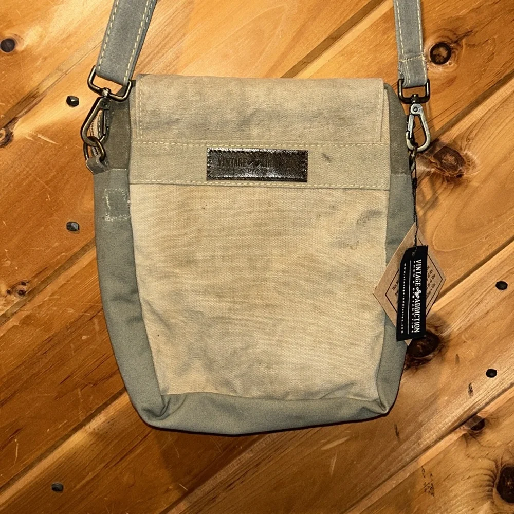 NWT Vintage Addiction recycled military tent with vintage fabric crossbody bag